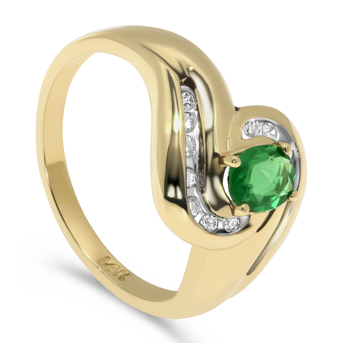 14K Yellow Gold Oval Emerald with Diamonds Swirl Ring