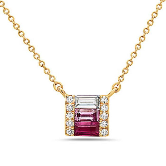 14K Yellow Gold Square Ruby, Pink Sapphire, and White Topaz Necklace with Diamonds by Bassali