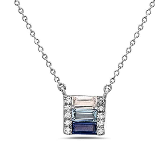 14K White Gold Square Sapphire, Blue Topaz and White Topaz Necklace with Diamonds by Bassali