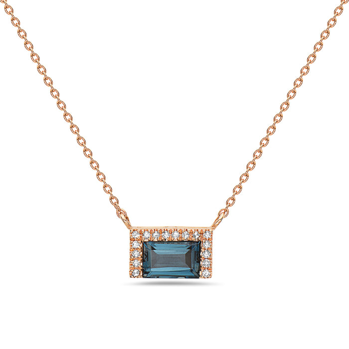 14K Rose Gold Rectangle Blue Topaz and Diamond Necklace by Bassali