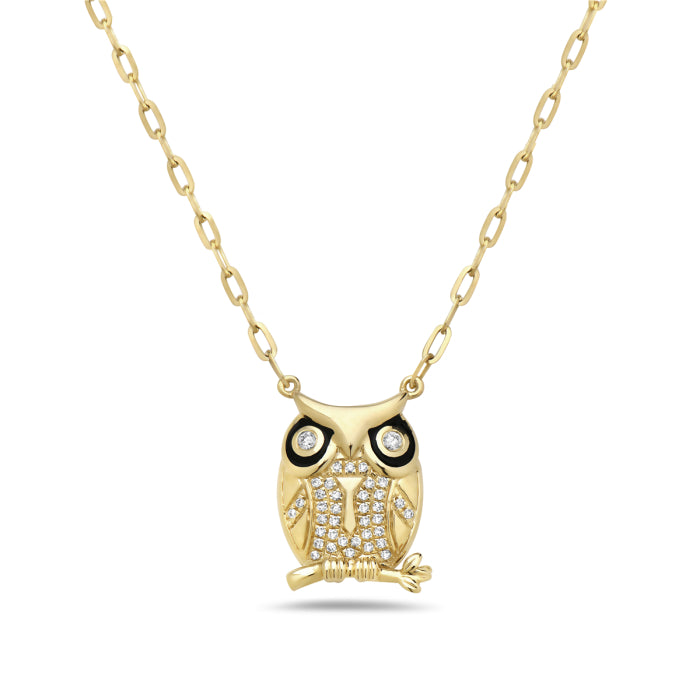 14K Yellow Gold Diamond Owl Necklace