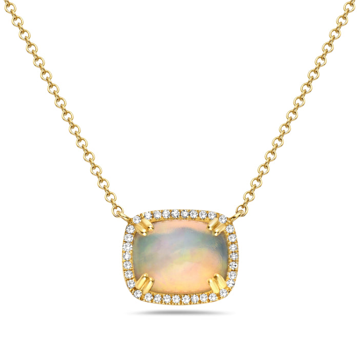 14 Karat Yellow Gold Rectangular Opal Necklace with Surrounding Diamonds