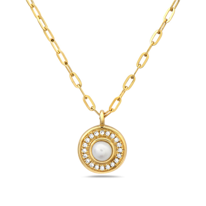 14 Karat Yellow Gold Pearl and Diamond Halo Necklace