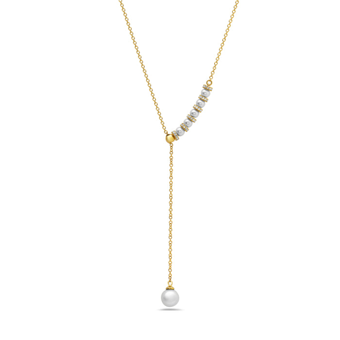 14 Karat Yellow Gold Pearl Necklace with Diamonds