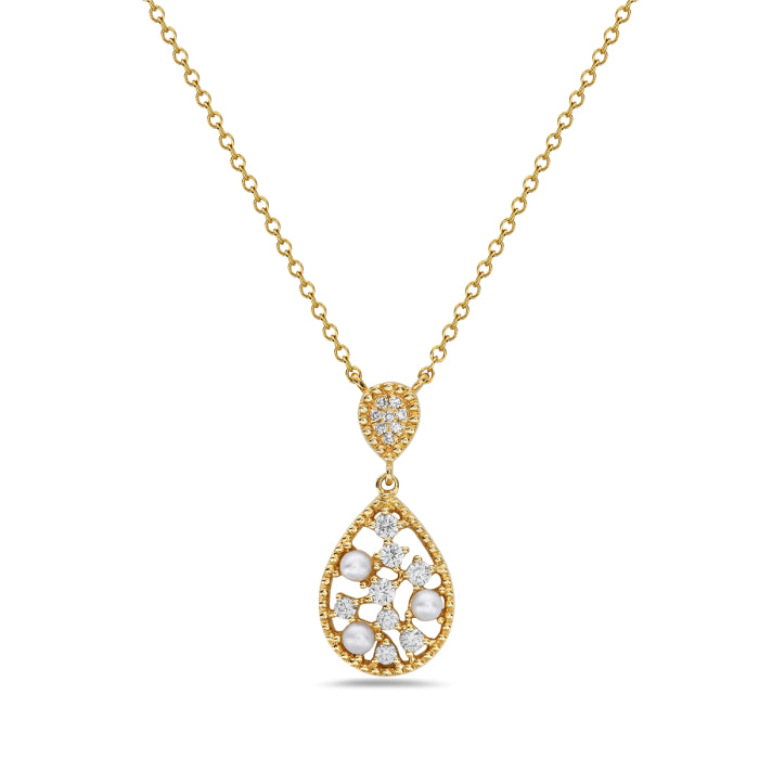 14 Karat Yellow Gold Pearl and Diamond Necklace