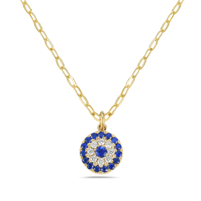 14K Yellow Gold Sapphire and Diamond Halo Necklace