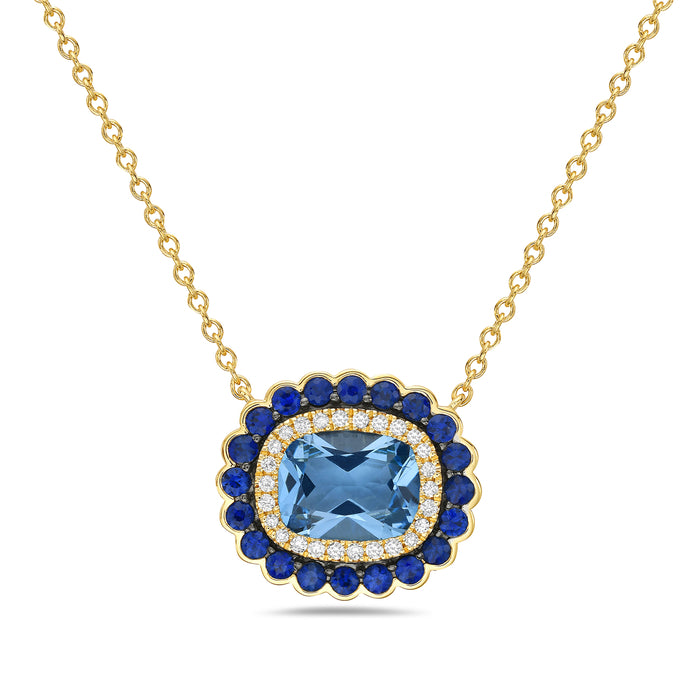 14k Yellow Gold Blue Topaz Necklace with Surrounding Sapphires and Diamonds