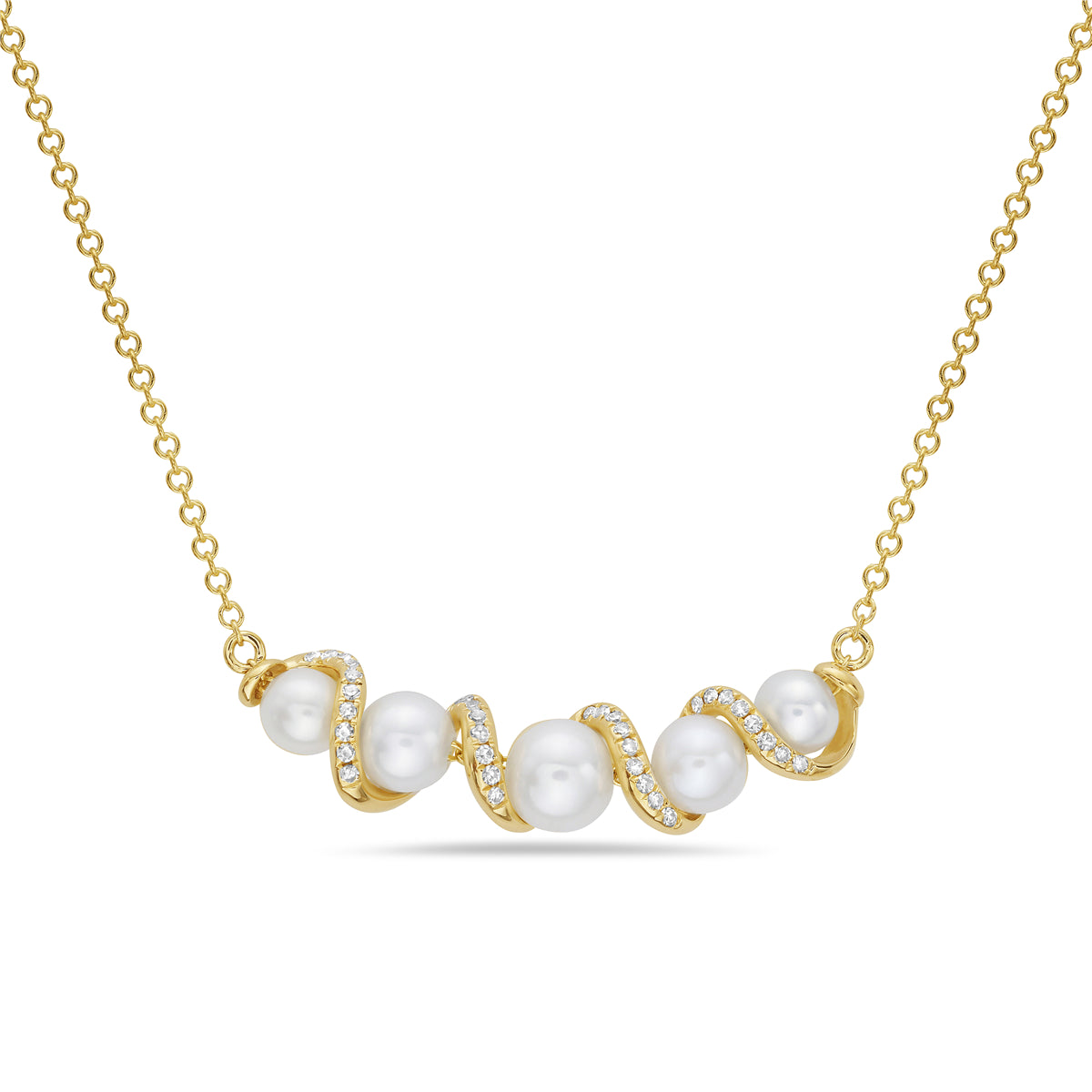 14 Karat Yellow Gold Pearl Spiral Necklace with Diamonds