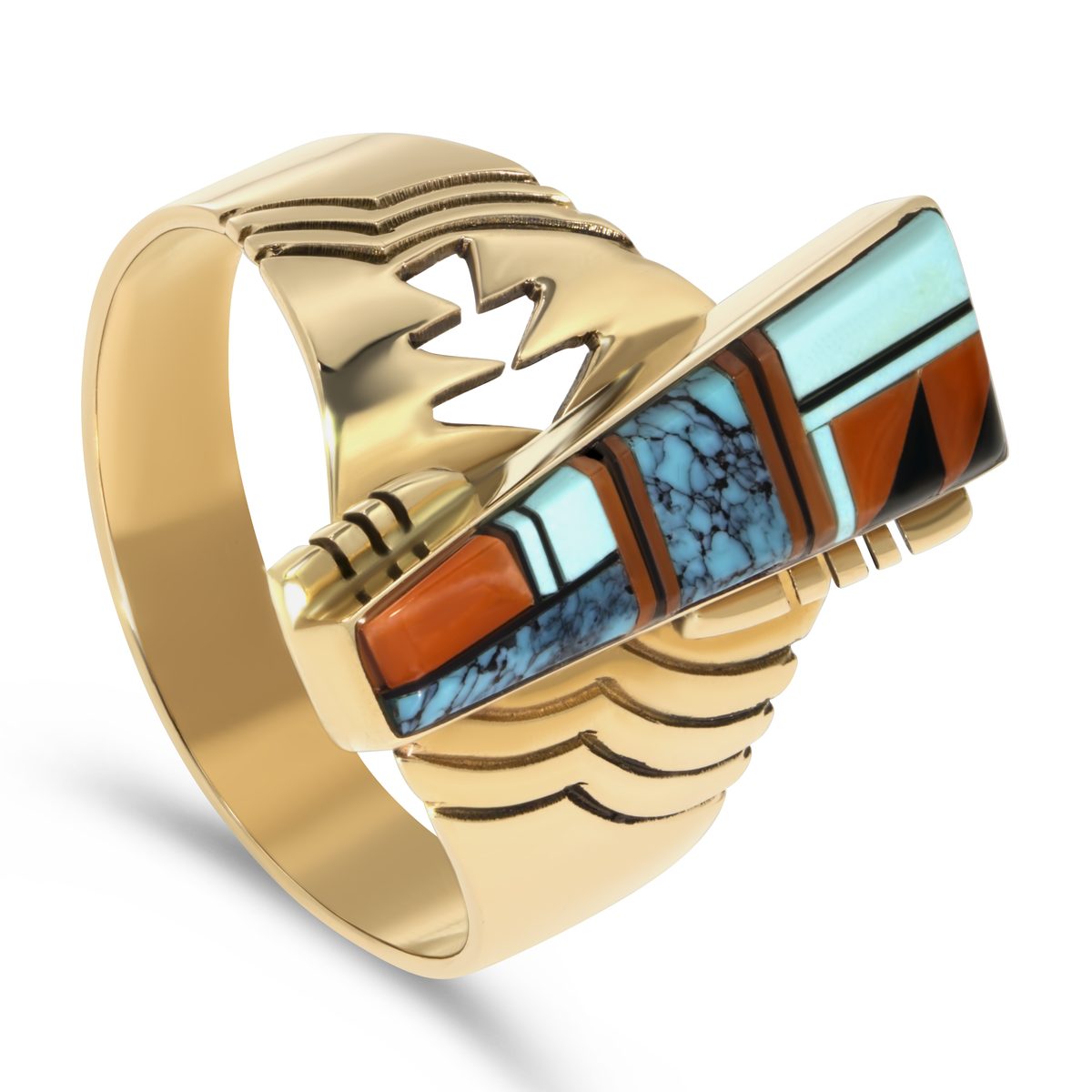 14K Yellow Gold Navajo Inlay Turquoise & Coral Ring