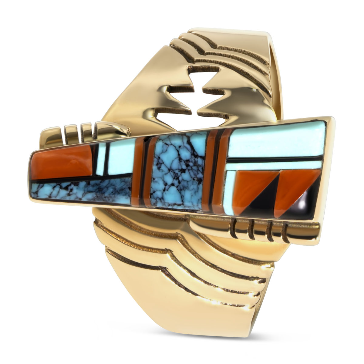 14K Yellow Gold Navajo Inlay Turquoise & Coral Ring