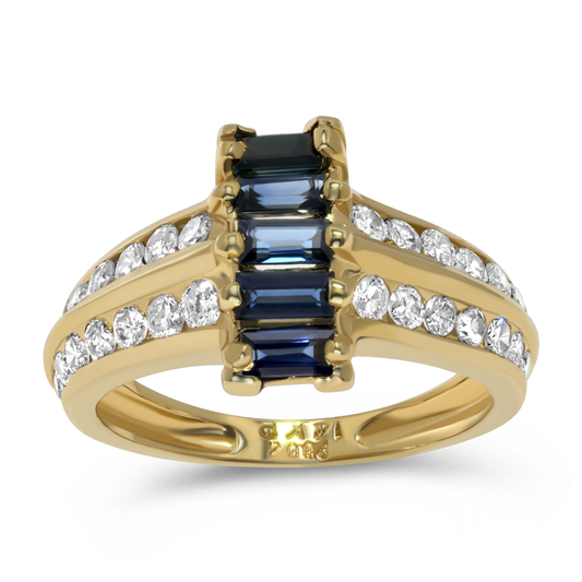 14K Yellow Gold Baguette Sapphires with Double Diamond Band Ring