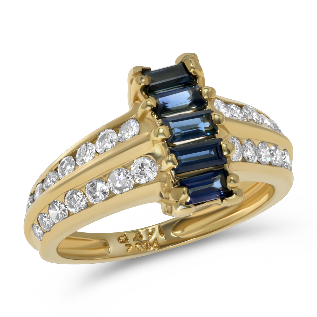 14K Yellow Gold Baguette Sapphires with Double Diamond Band Ring