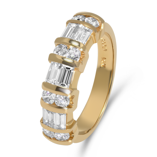 14K Yellow Gold Horizontal Baguette and Round Diamond Band