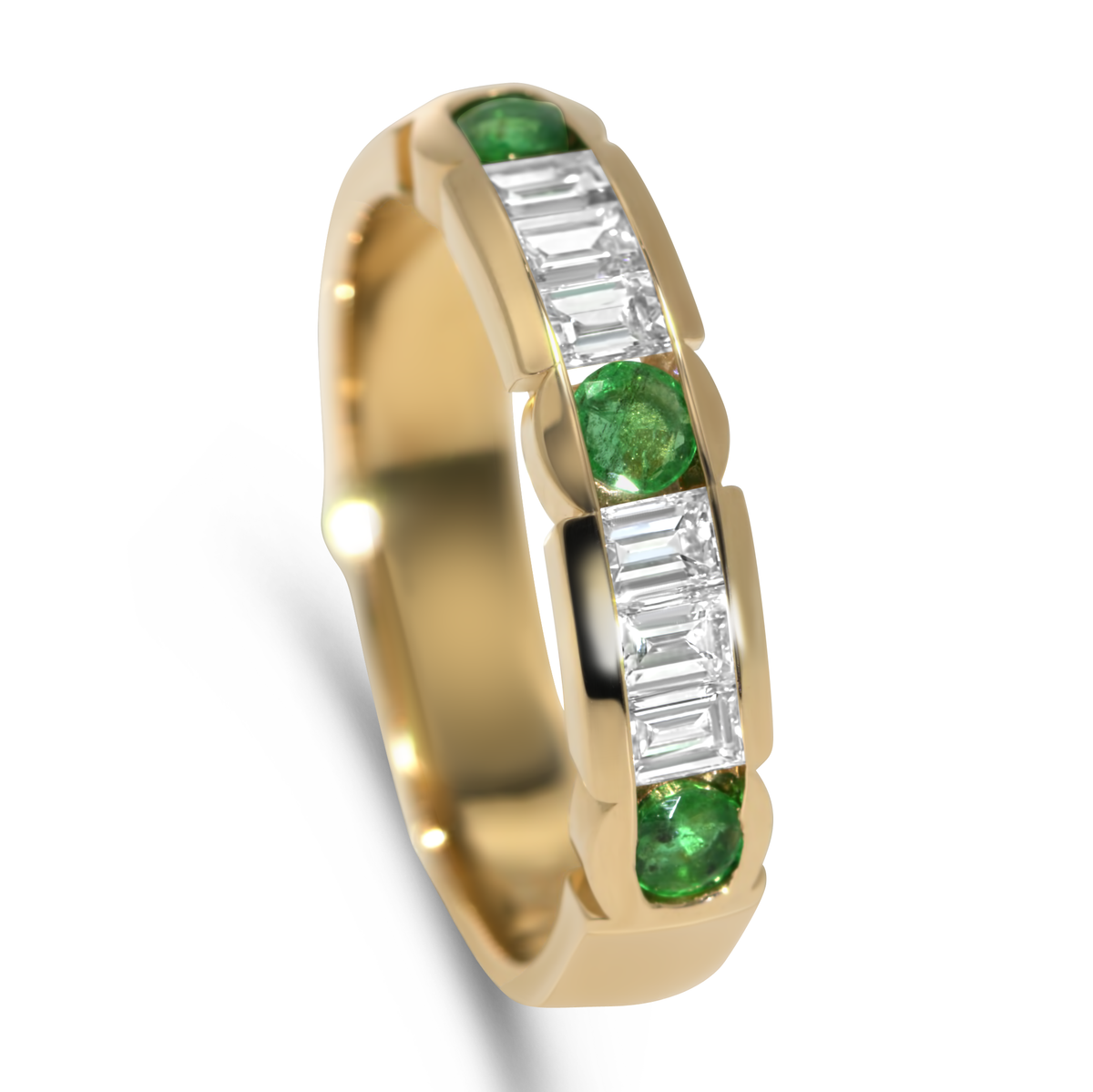14K Yellow Gold Emerald & Baguette Diamond Band