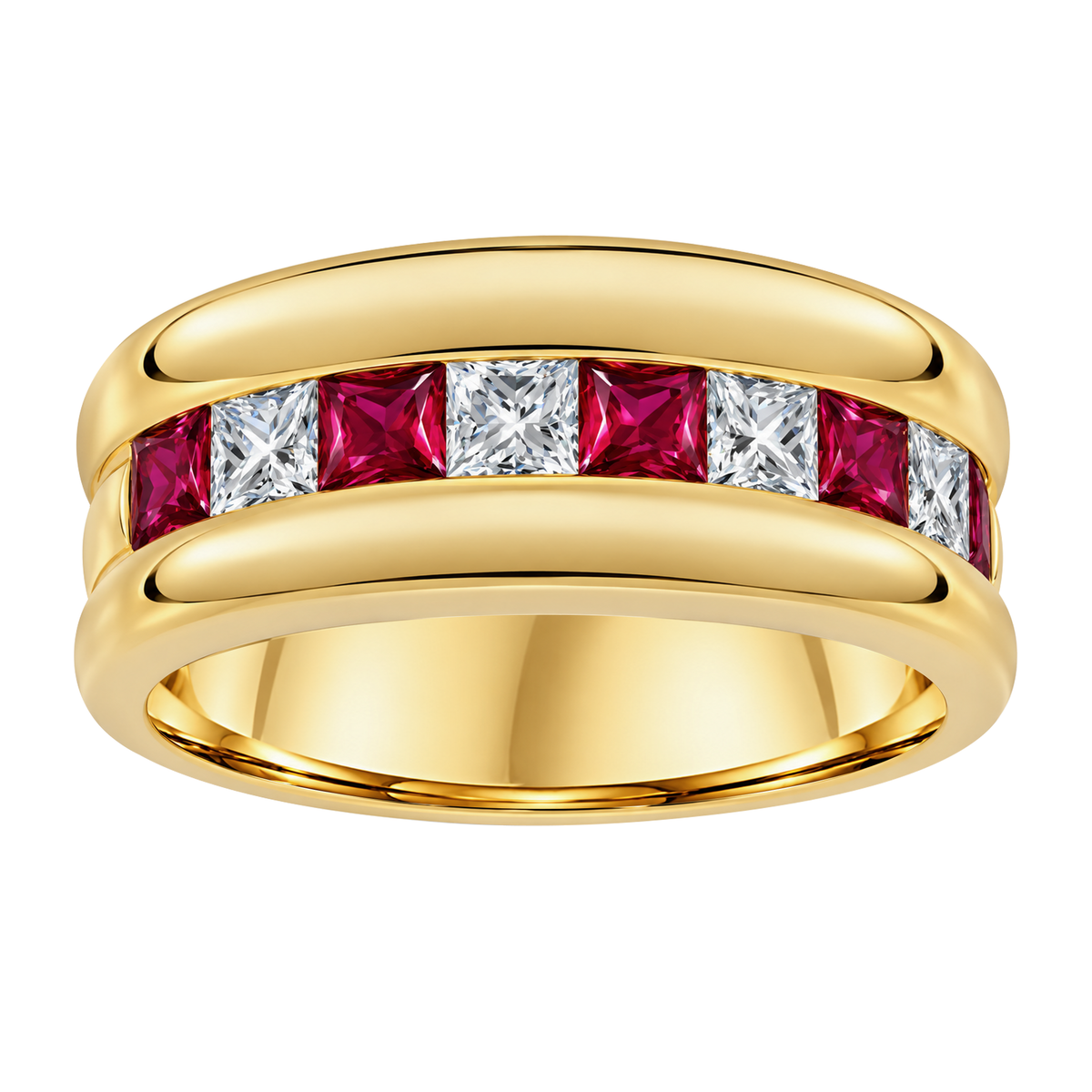 18K Yellow Gold Princess Cut Rubies & Diamond Band