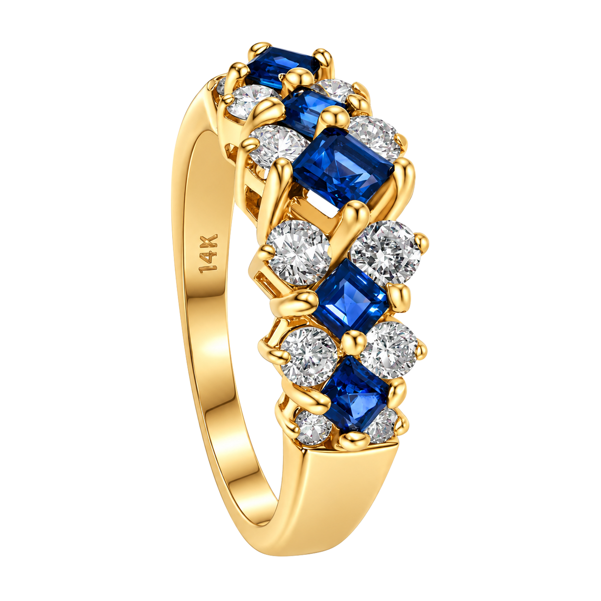 14K Yellow Gold Square Sapphires & Diamond Ring