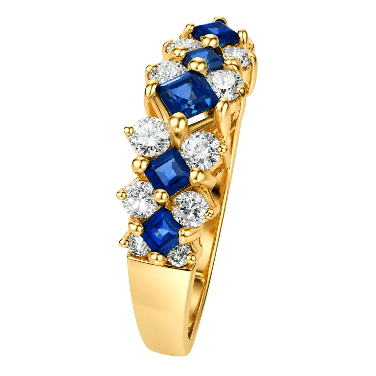 14K Yellow Gold Square Sapphires & Diamond Ring