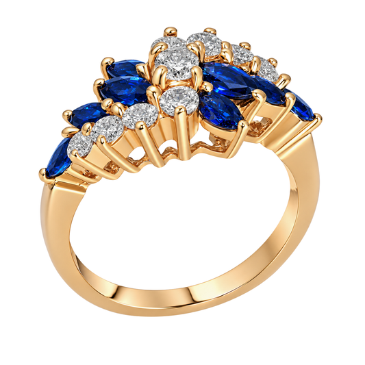 14K Yellow Gold Marque Sapphire and Diamond Ring