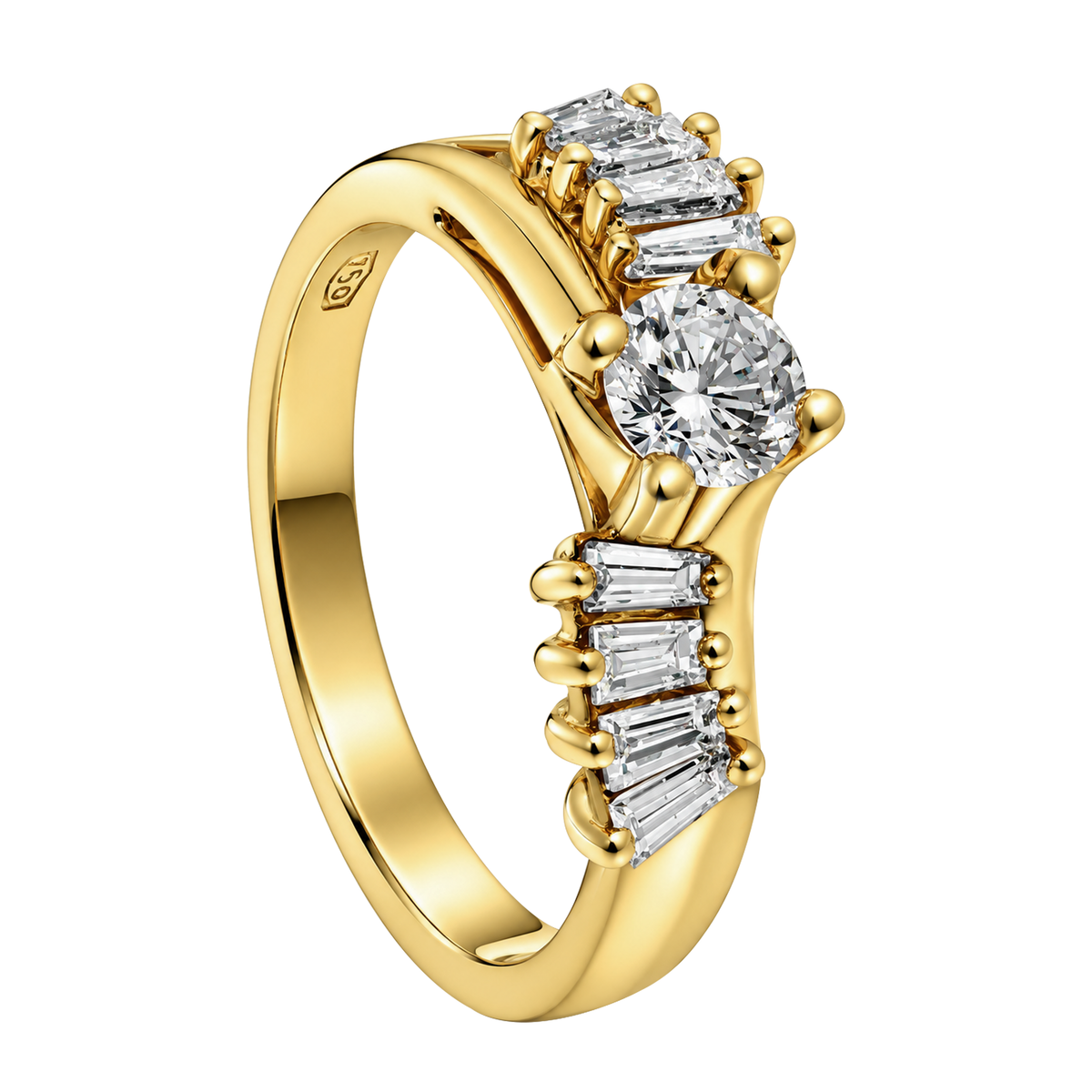 18K Yellow Gold Diamond Ring with Baguette Accents