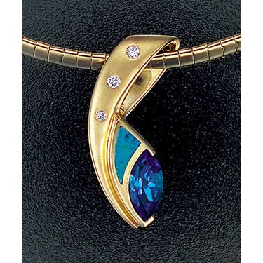 14K Yellow Gold Opal, Amethyst and Diamond Pendant by John Bagley