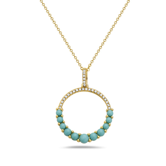 14 Karat Yellow Gold Turquoise and Diamond Circle Pendant