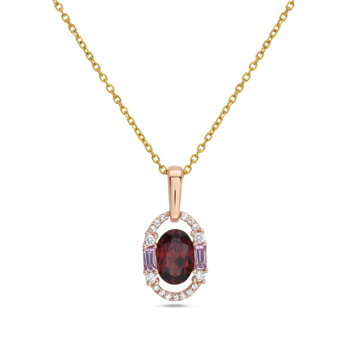 14 Karat Yellow Gold Garnet Pendant with Pink Sapphires and Diamonds