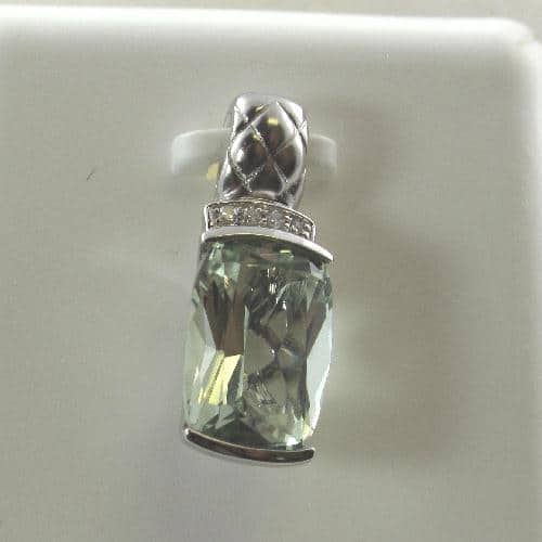 14K White Gold Green Amethyst Pendant with Accent Diamonds by Bassali