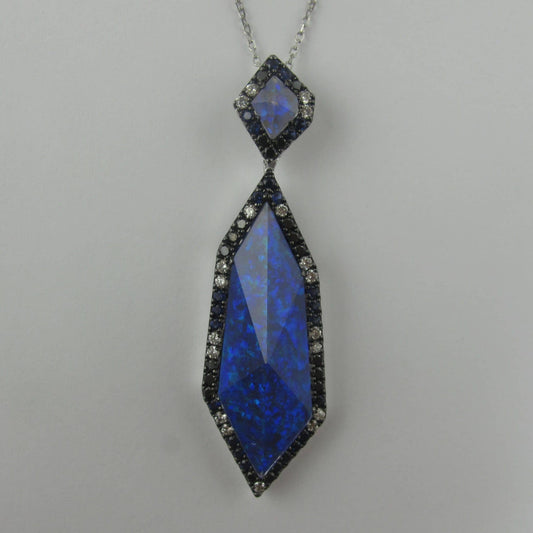 14K White Gold Opal Pendant with White and Black Diamonds and Sapphires by Bassali