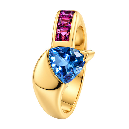 14K Yellow Gold Trillion Blue Topaz & Amethyst Ring