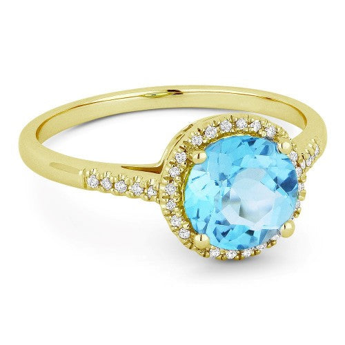 14K Yellow Gold Round Cut Blue Topaz Ring with surrounding Diamonds by Madison L