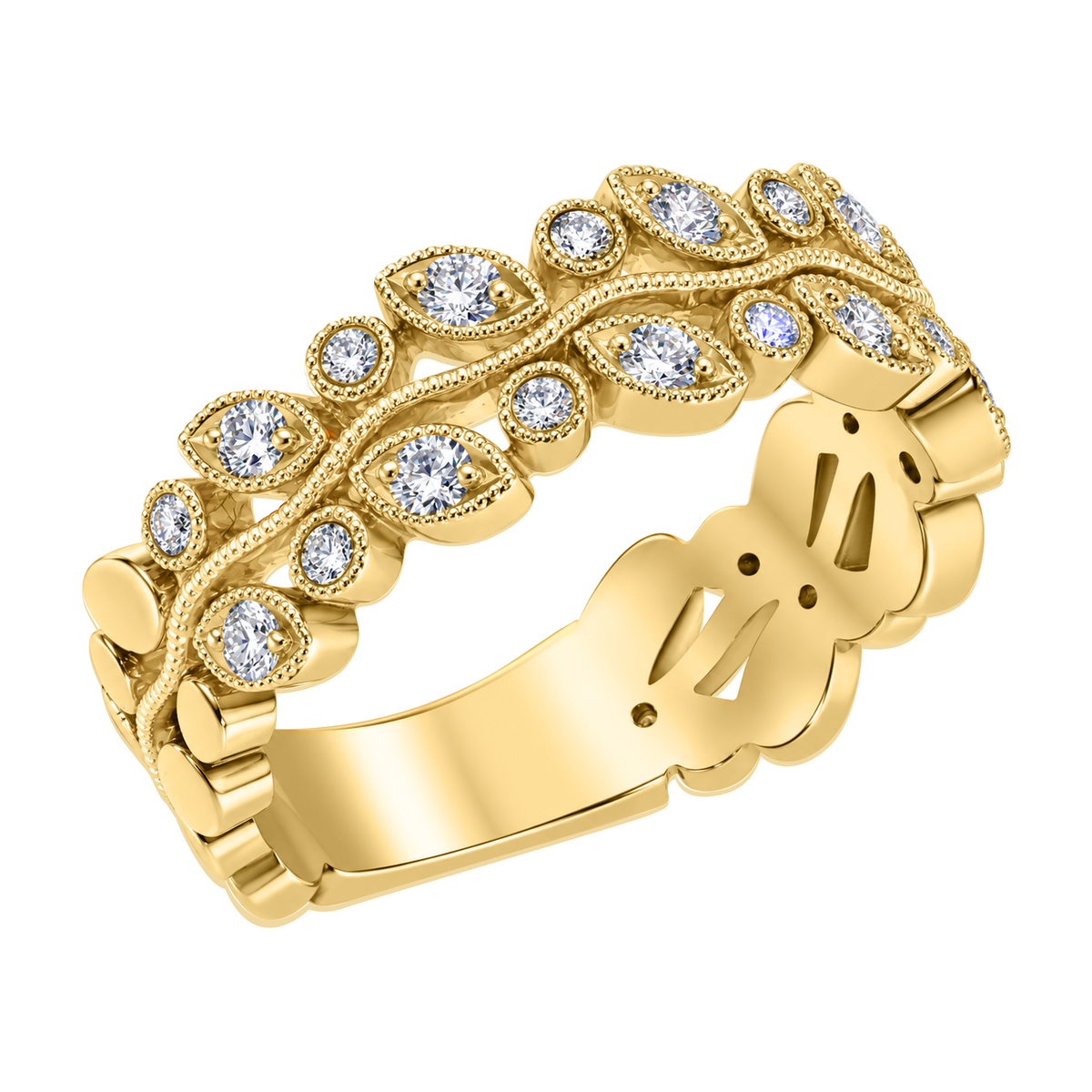 18K Yellow Gold Double Row Milgrain Leaf Diamond Band