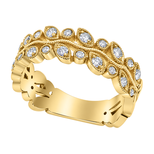 18K Yellow Gold Double Row Milgrain Leaf Diamond Band