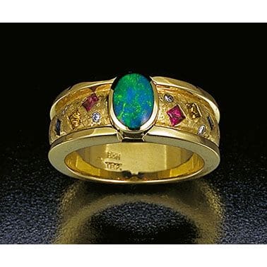 14K Yellow Gold Opal Ring with Ruby, Sapphire and Diamond Accents by John Bagley