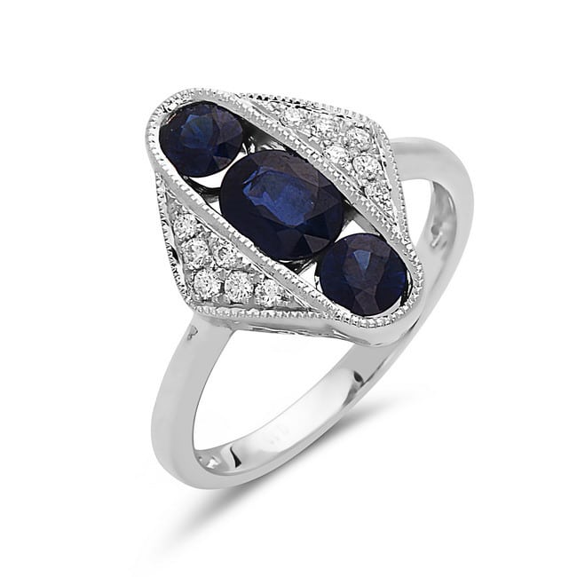 14K White Gold Sapphire Ring with Accent Diamonds by Bassali