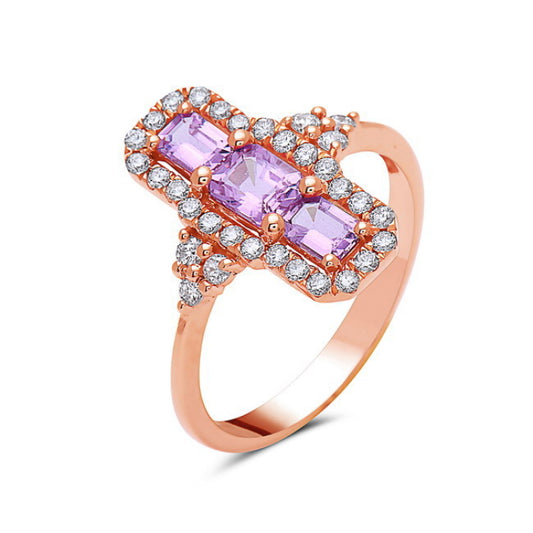 14K Rose Gold Triple Square Pink Sapphire and Diamond Halo Ring