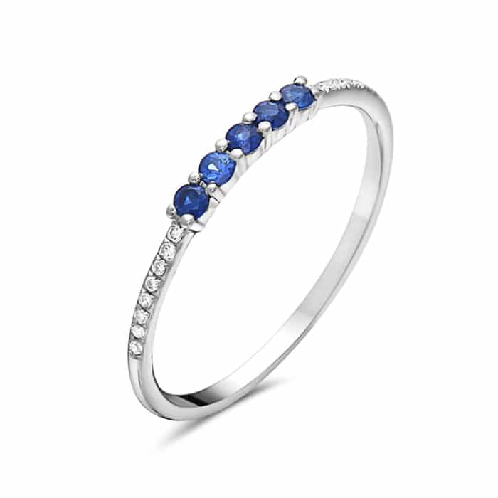 14K Petite White Gold 5 Sapphire Stone Ring with Diamonds by Bassali