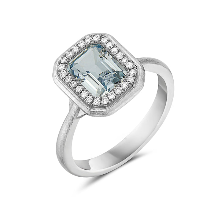 14k White Gold Emerald Cut Aquamarine and Diamond Halo Ring by Bassali