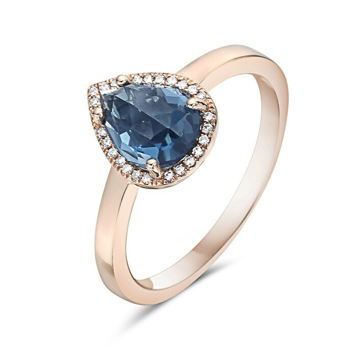 14 Karat Rose Gold Pear Cut Blue Topaz Ring with Diamond Halo