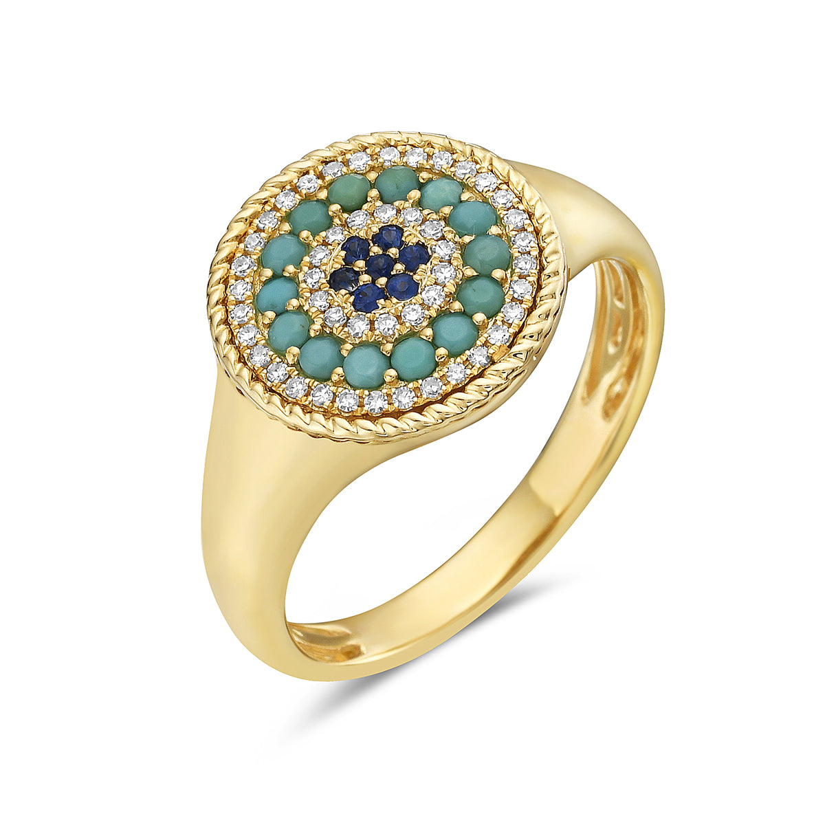 14K Yellow Gold Halo Ring with Sapphires Diamonds and Turquoise