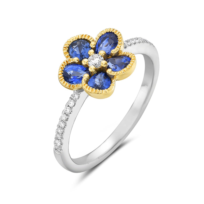 14 Karat Two-tone Sapphire and Diamond Flower Ring