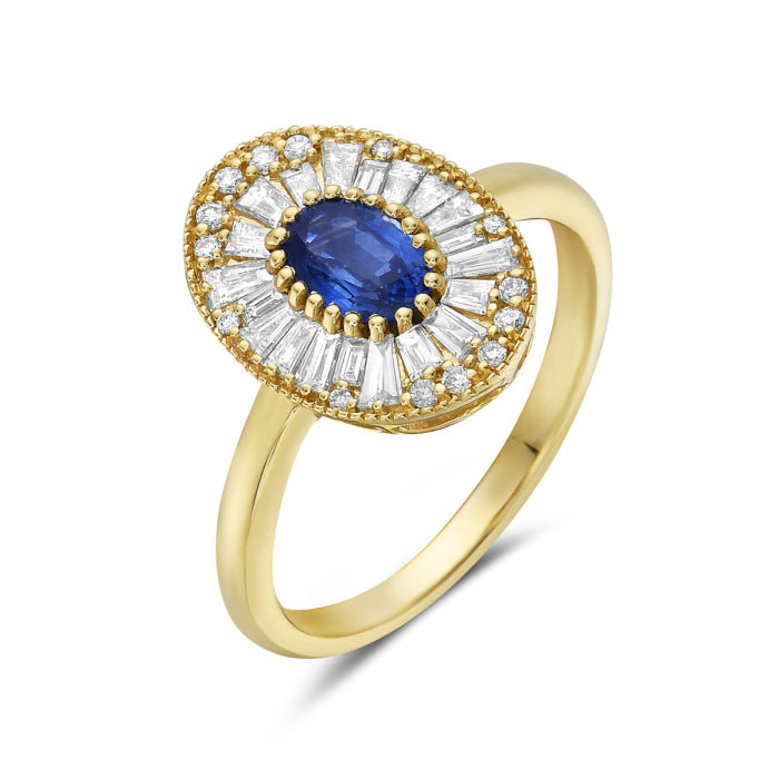 14 Karat Yellow Gold Sapphire Ring with Outer Diamonds