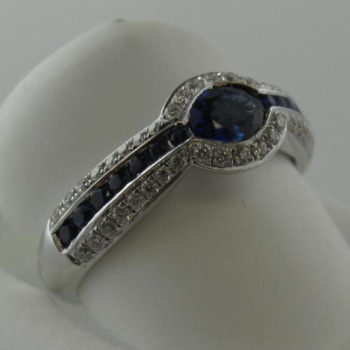 14K White Gold Tension Set Sapphire and Diamond Ring by Bassali