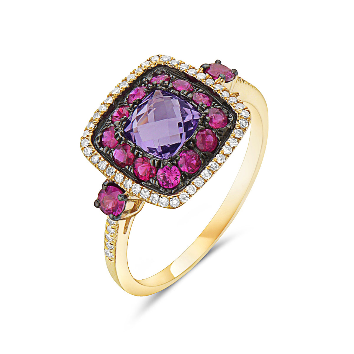 14K Yellow Gold Amethyst Halo Ring with Rubies & Diamonds