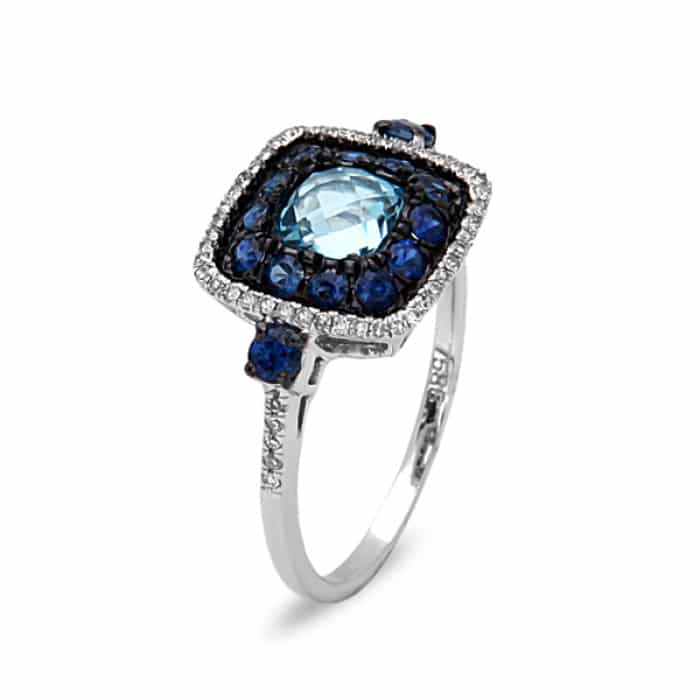 14K White Gold Blue Topaz and Sapphire Ring with Diamonds by Bassali