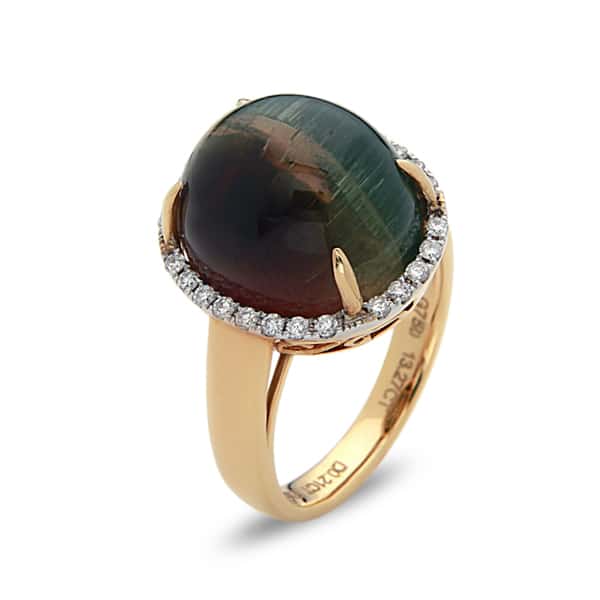 18K Yellow Gold Watermelon Tourmaline Cabachon Ring with Diamonds by Bassali