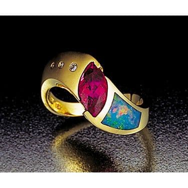 14K Yellow Gold Opal, Amethyst, and Diamond Ring by John Bagley