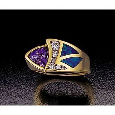 14K Yellow Gold Opal, Diamond, and Tanzanite Ring by John Bagley