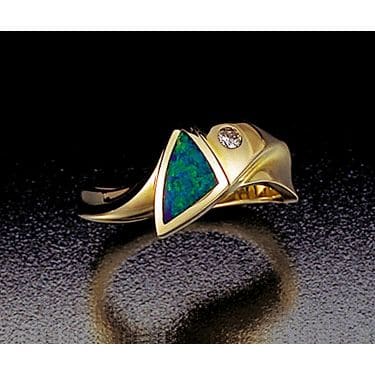 14K Yellow Gold Abstract Opal Ring with Accent Diamond by John Bagley