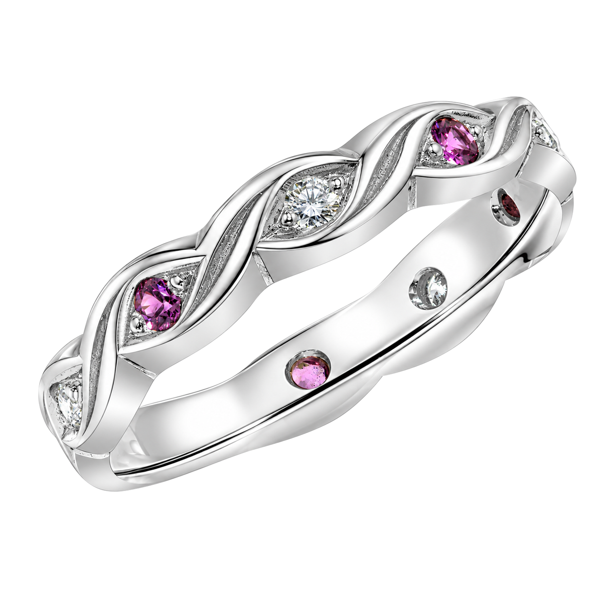 14K White Gold Pink Sapphire Wave Band