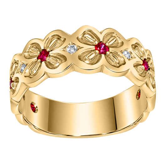 14K Yellow Gold Flower Band with Rubies and Diamonds